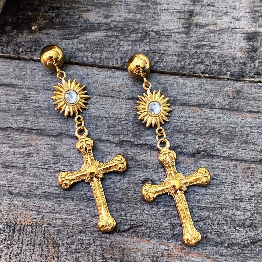 NEW Gold Cross Dangle Earrings - Picture 7 of 9